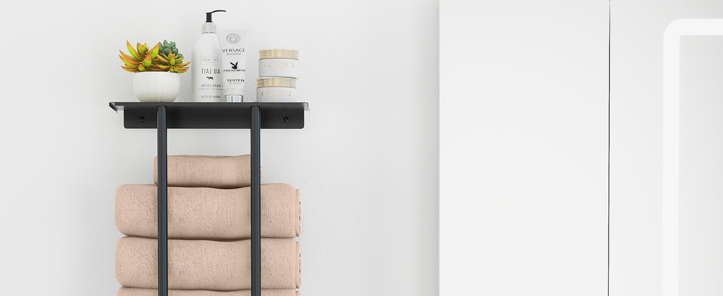 Чорний триярусний тримач для рушників з металевою полицею та 4 гачками, 86 см