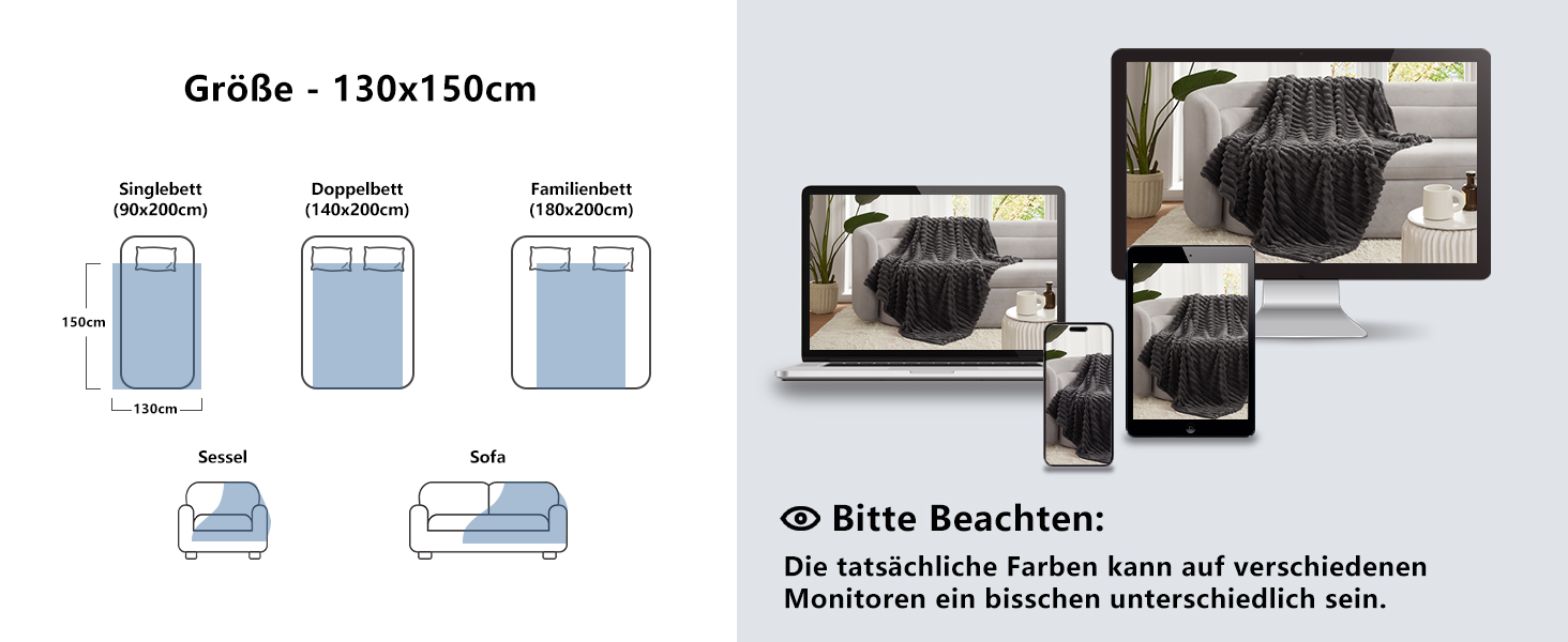 Плед WAVVE: м'який флісовий плед для дивану, софи, кімнати. 150 x 200 см, сірий