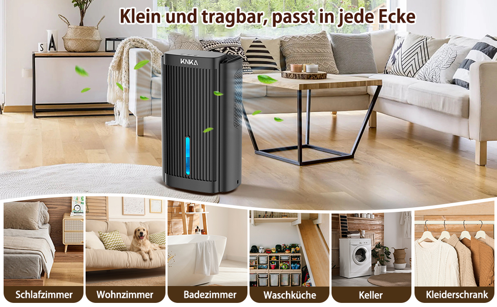 Електричний осушувач повітря KNKA, 1.1 л, для дому, ванної кімнати, підвалу, тихий (28 дБ), з автовимкненням та нічним режимом, кольорове підсвічування (білий), колір: чорний