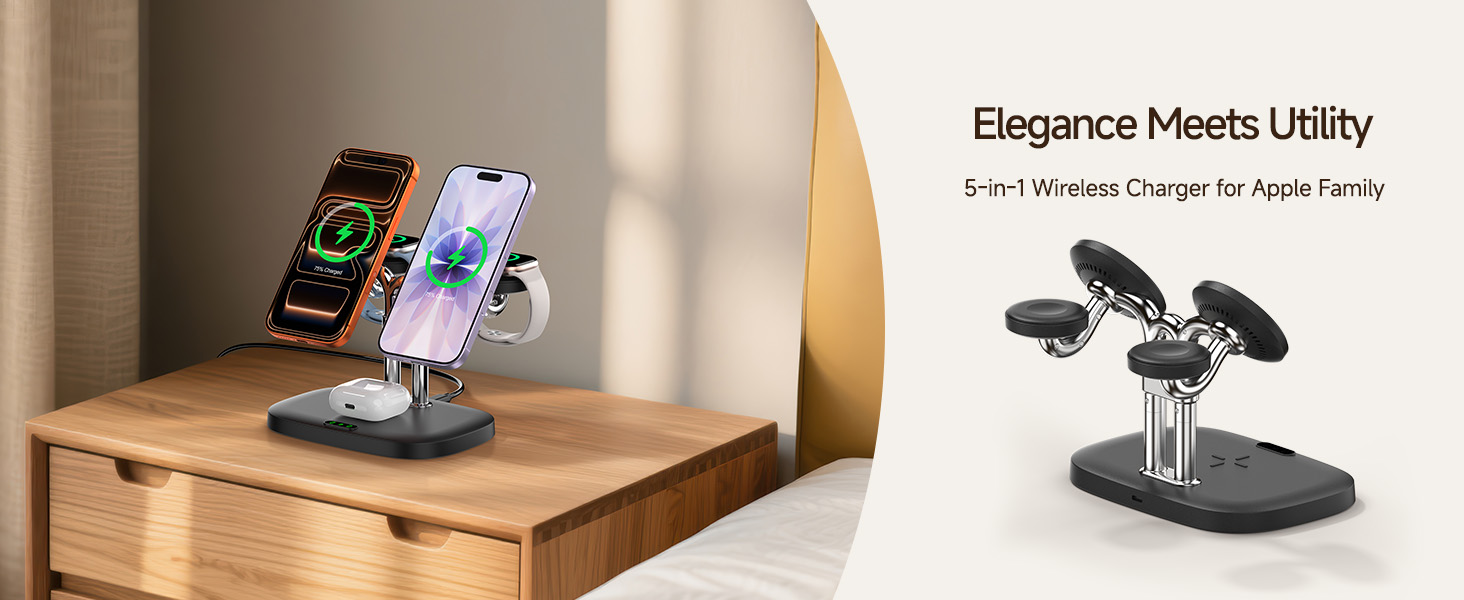 Універсальна зарядна станція 5 в 1 для 2 смартфонів iPhone та 2 Apple Watch, багатофункціональний зарядний пристрій