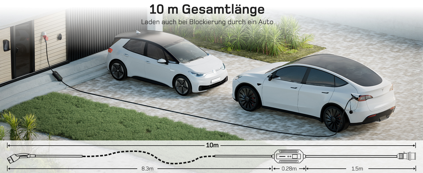 Мобільна зарядна станція/Wallbox Dé 11 кВт (3-фазна) з регульованою потужністю, кабель CEE 16A на Typ 2, сумісна з Model Y/3, ID.3/4/5, MG4, EX30, e-up, e-tron, Zoe та інші електромобілі