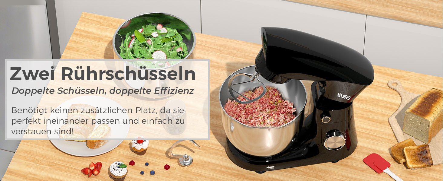 Кухонна машина YASHE 1500W з чашами 4.5 та 5L, 10+ швидкостей, нахильний корпус, гак для тіста, вінчик та насадка для збивання, багатофункціональна