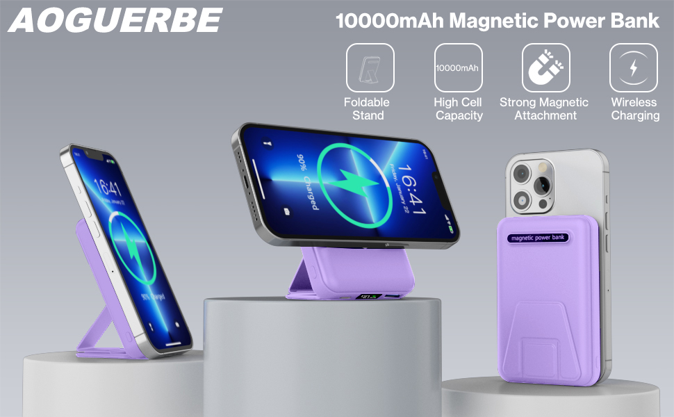Power Bank AOGUERBE 10000mAh з LED дисплеєм, магнітна бездротова зарядка, PD 22.5W, сумісна з MagSafe (iPhone 17/16/15/14/13/12)