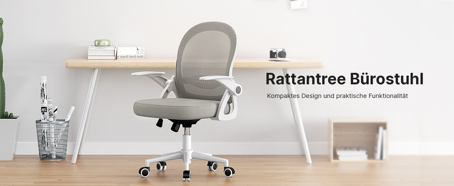 Ергономічне крісло Rattantree для офісу та дому: дихаюча спинка, регульована висота, підйомні підлокітники, 360° обертання, сірий колір, без підніжки