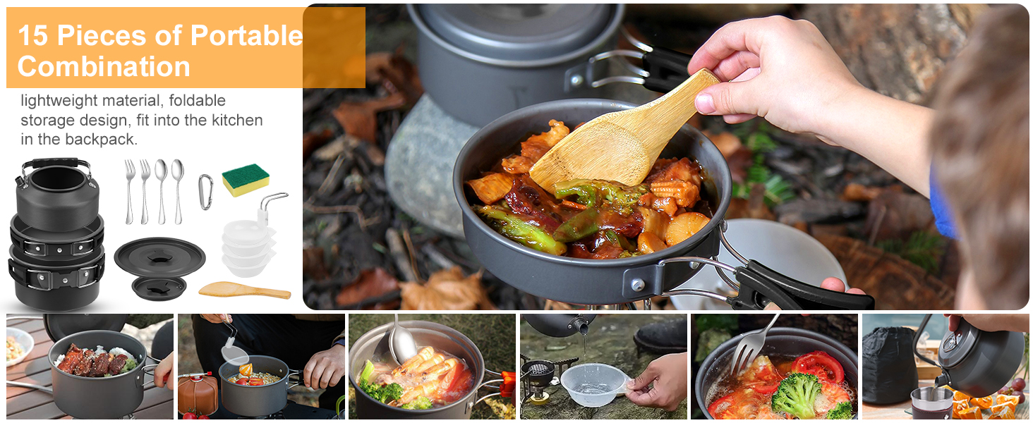 Набір кухонного посуду для кемпінгу: 15 предметів, чорний. Ідеально для пікніків, походів та кемпінгу. Включає казанок, сковорідку, чайник та інше.