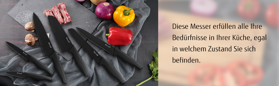 Набір ножів Hecef 6 шт. з захисними піхвами, чорний оксидований, стійкий до подряпин та іржі, антипригарне покриття