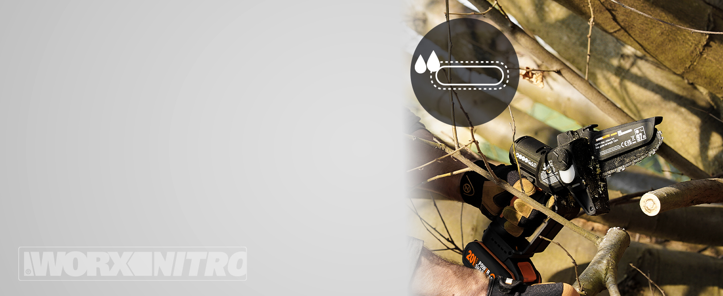 WORX WG325E Nitro Mini акумуляторна бензопила 20V, одноручна пила для гілок, Brushless двигун, 5650 об/хв, довжина різу 12 см, легка та компактна, автоматичне змащення ланцюга (з акумулятором 2Ah та зарядним пристроєм)