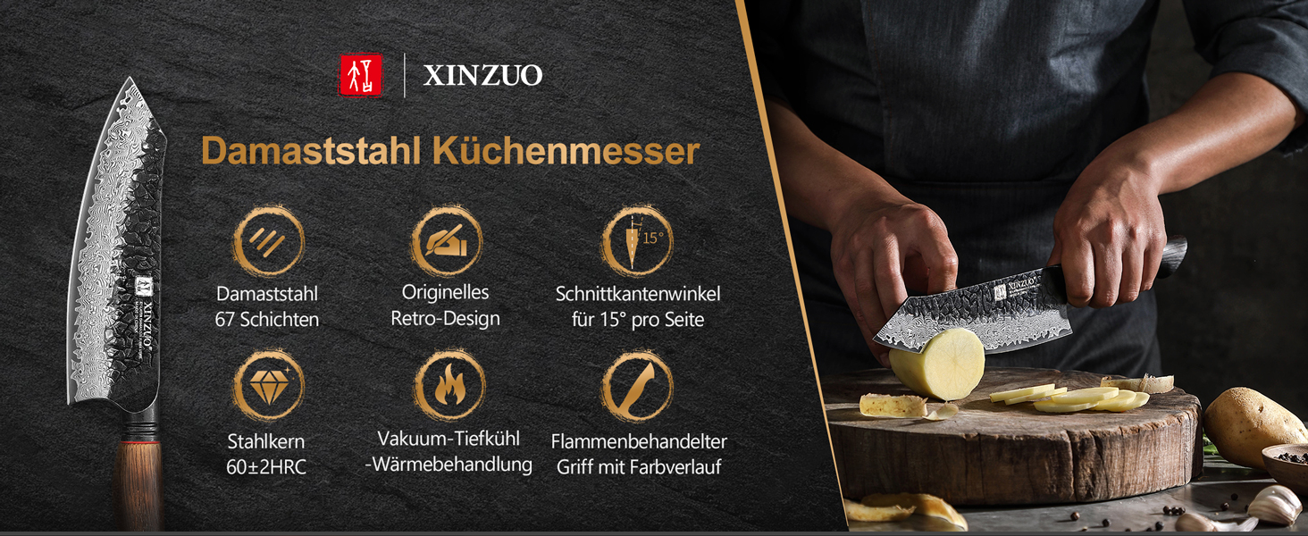 Ніж Сантоку XINZUO Damaststahl 19,3 см - професійний кухонний ніж з дамаської сталі, серія Mo, ергономічна ручка з білого дуба