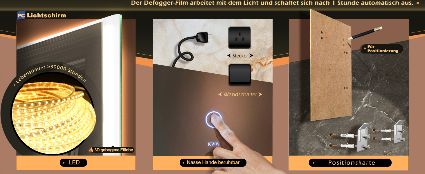 LED дзеркало для ванної кімнати KWW 80x100 см з підсвічуванням, протитуманне, регульоване освітлення, настінне, з сенсорною кнопкою