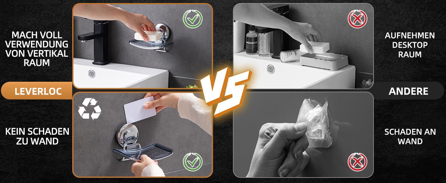 Тримач для мила LEVERLOC з піддоном, місткість до 3 кг, настінний, без свердління, з присосками, для ванної кімнати та кухні, білий (1 ступінь хромована сталь)