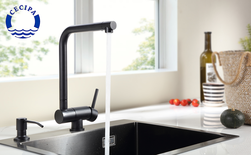 Кухонний змішувач CECIPA Vorfenster чорного матового кольору, високого тиску, з нержавіючої сталі, з гнучким виливом, поворотний на 360°