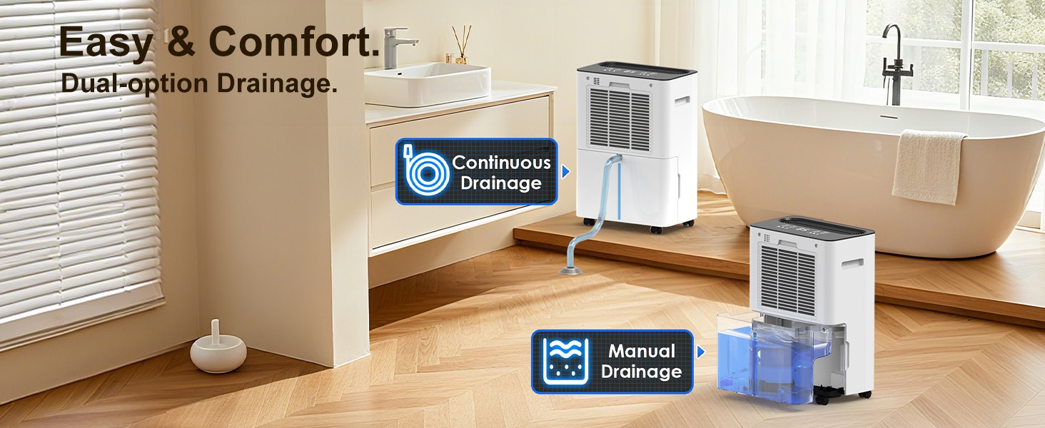 Електричний осушувач повітря з автоматичною та безперервною подачею води (шланг у комплекті), для спалень та підвалів, LED-дисплей, тихий з таймером (12л/день)