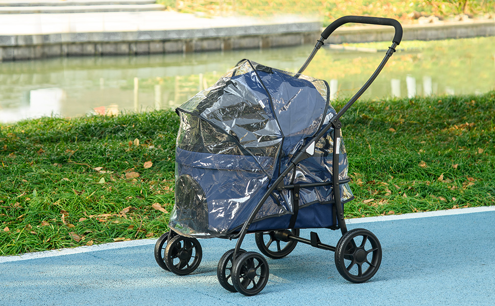 PawHut 2-в-1 візок для собак та котів з дощемiком, складний, з 2 повідками, для маленьких тварин, Оксфорд, темно-синій