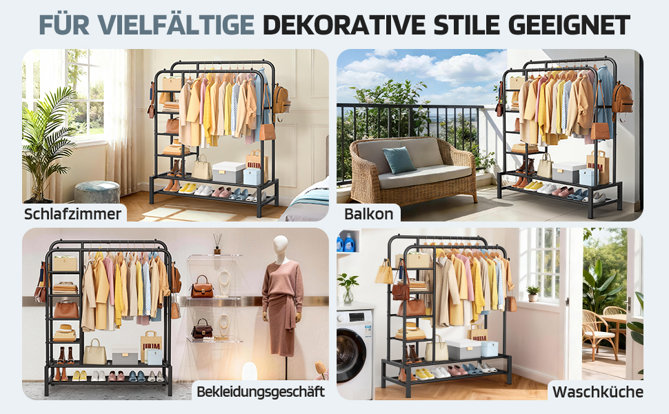 Вішалка для одягу в спальню та вітальню, подвійна, чорна - міцна конструкція 100 кг, з полицями для зберігання