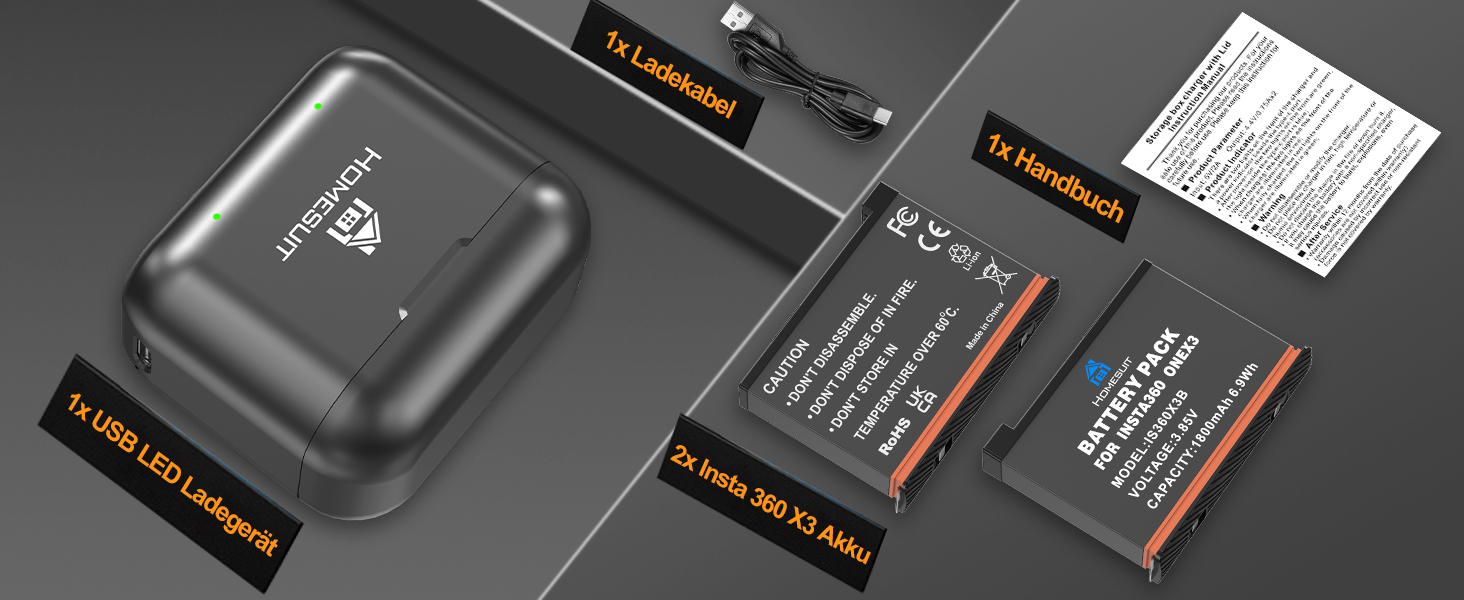 Акумулятор Insta360 X3 1800mAh + USB LED зарядний пристрій (2 шт.) для екшн-камери