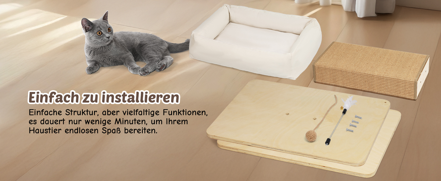 Котячий будиночок з дряпалкою Luxus: широка колона з берези, міцний, до 25 кг, сизаль, велике ліжко з подушкою з органічної льону, легко збирається, бежевий колір