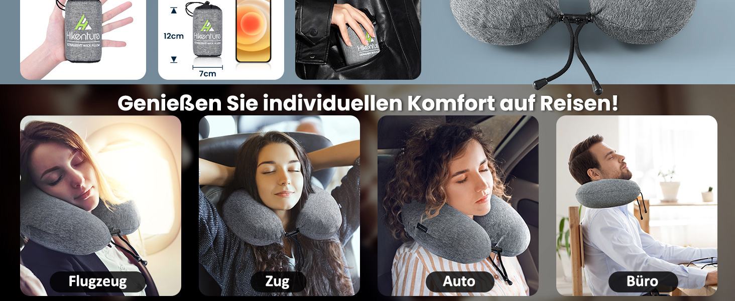Подушка для шиї HIKENTURE надувна для подорожей літаком/поїздом з чохлом. Зручна подушка-ворітниця для дорослих. Кольори: синій, темно-сірий.