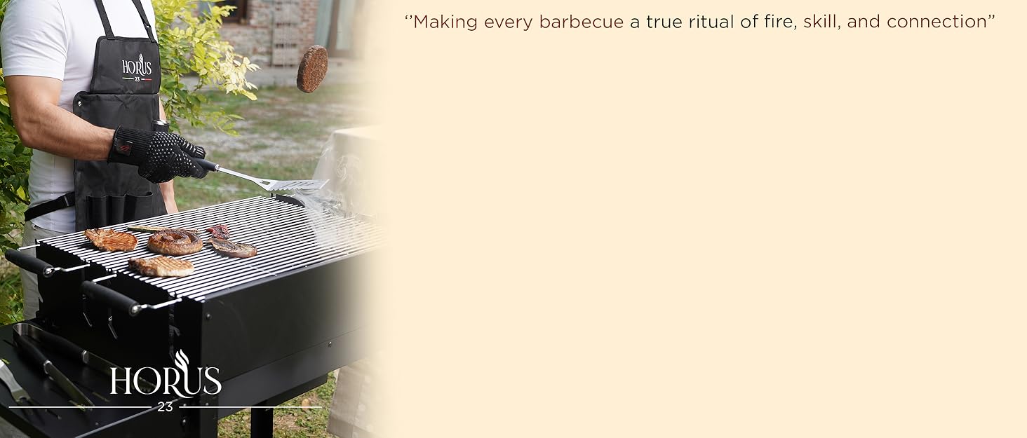 HORUS 23 Набір аксесуарів для гриля – 4 предметний набір: щипці, лопатка, виделка та термостійкий рукавичка