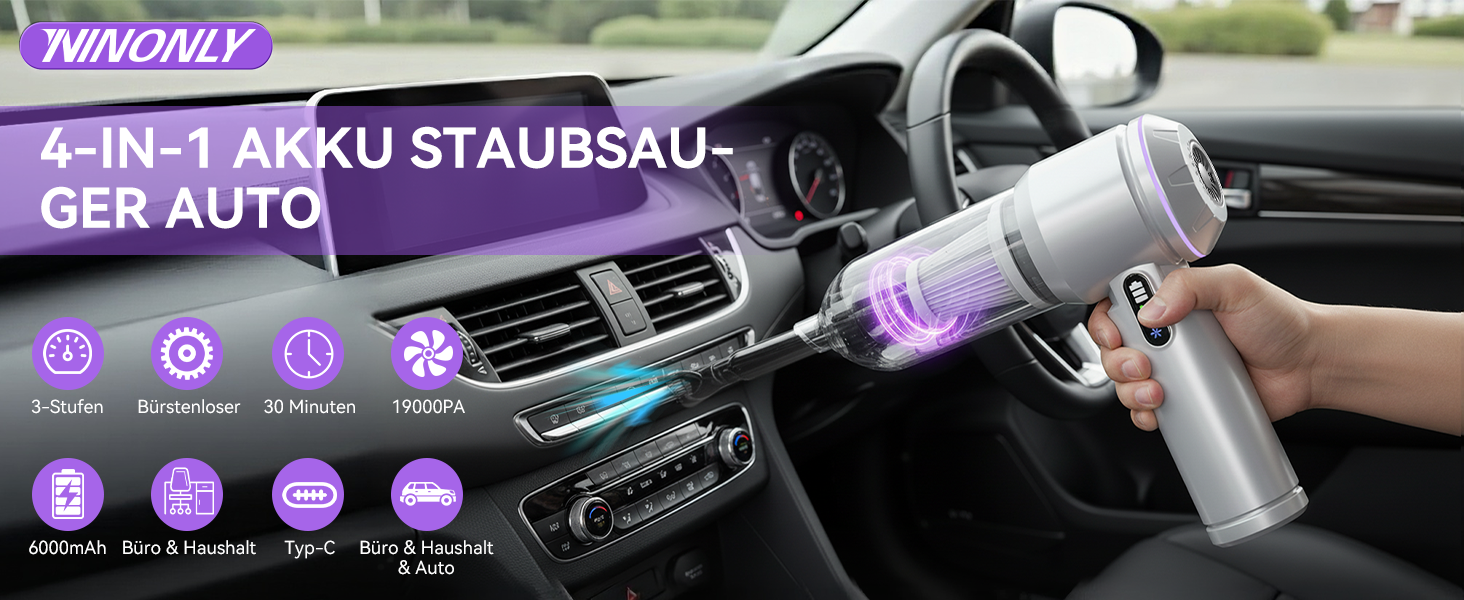 Автомобільний акумуляторний пилосос Ninonly 19000Pa 4-в-1 з безщітковим мотором та 6 насадками для дому, офісу, авто, шерсті тварин