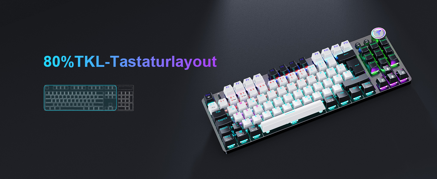 Механічна ігрова клавіатура TECURS бездротова, 80% TKL з підсвічуванням, Red Switch, QWERTZ, для ПК, ноутбука, Windows, чорно-біла