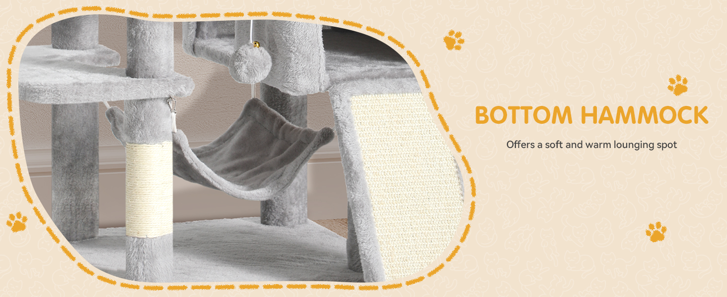 Кігтеточка YITAHOME XL, 137 см, з 2 сизалевими стовпчиками, 1 платформою, 2 хованками, гамаком, плюшевими кульками, дощечкою для заточування кігтів, котячий комплекс, сірий 45 x 45 x 137 см