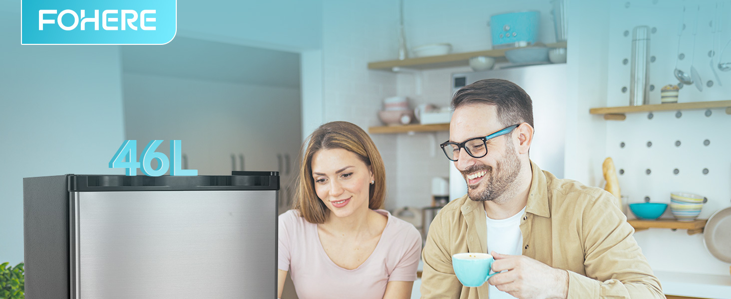 Міні холодильник 46 л з відділенням для льоду, тиха робота 42 дБ, регулювання температури, для кухні, офісу, спальні, готелів та маленьких квартир (колір нержавіюї сталі)