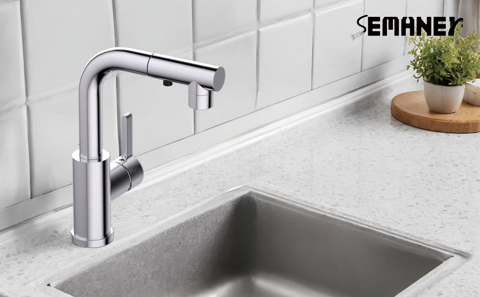 Кухонний змішувач SEAMENEY з висувною лійкою, поворотний 360°, з донним клапаном, хром, 3 режими, для кухні