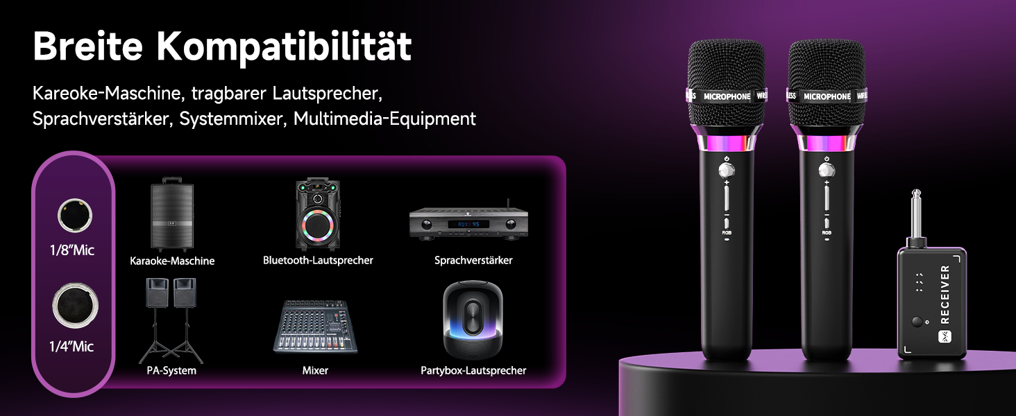 Бездротовий мікрофон з LED-підсвіткою, подвійний, акумуляторний, караоке, чорний