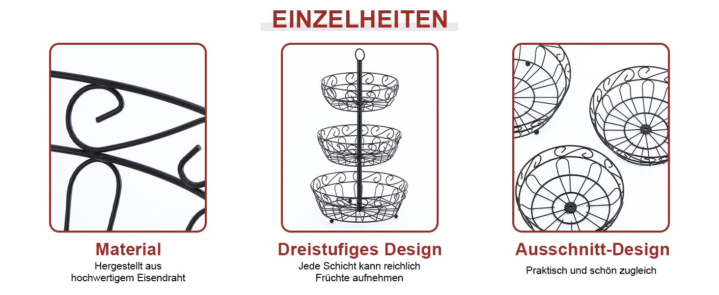 Металева етажерка для фруктів Stöckig 3 яруси - кошик для зберігання фруктів, чорний, для кухні, вітальні, офісу