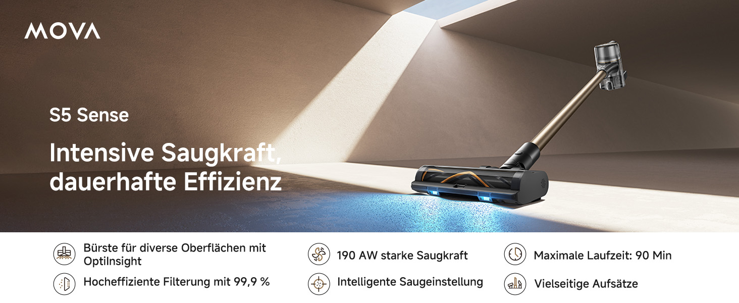 Mova S5 Sense: Бездротовий акумуляторний пилосос з тривалою роботою до 97 хвилин, для килимів, твердих підлог та шерсті тварин. Тиха, самостійна, з антизаплутуванням.