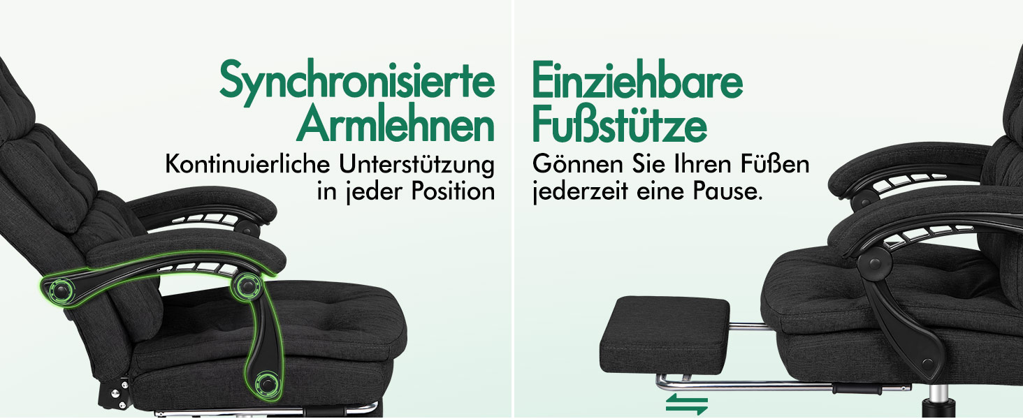 Офісне крісло ALFORDSON з регулюванням нахилу 150°, обертання 360° та підставкою для ніг. PU-шкіра, глянцево-чорний колір (Palmer - Льняний Чорний)