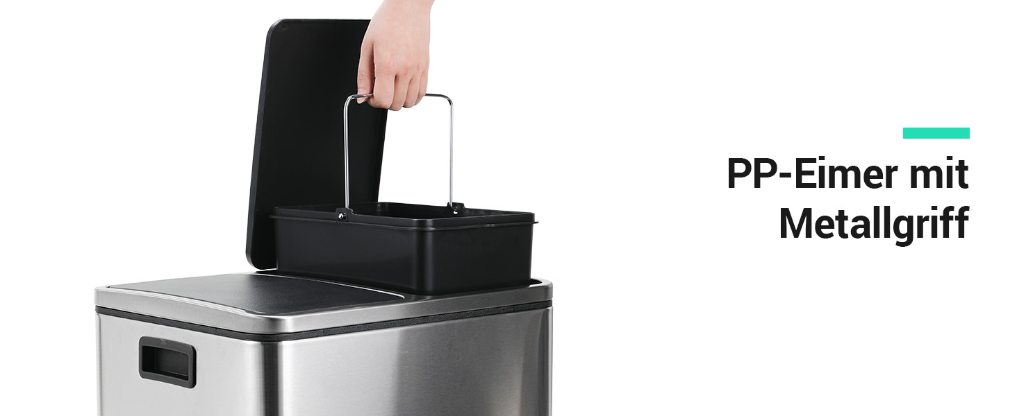 Відро для сміття LIFERUN з двома відсіками, 2 x 15 літрів, з нержавіючої сталі, м'яке закриття кришки, знімний внутрішній відро, ручки, відро для сміття з педаллю, для квартири, маленької сім'ї, сріблястого кольору