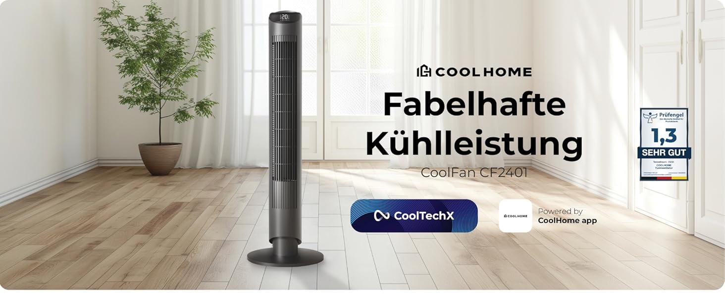 Турбовентилятор CF2401 з пультом керування та додатком: тихий підлоговий вентилятор з таймером та LED-підсвіткою, дитяча безпека, чорний, 102 см