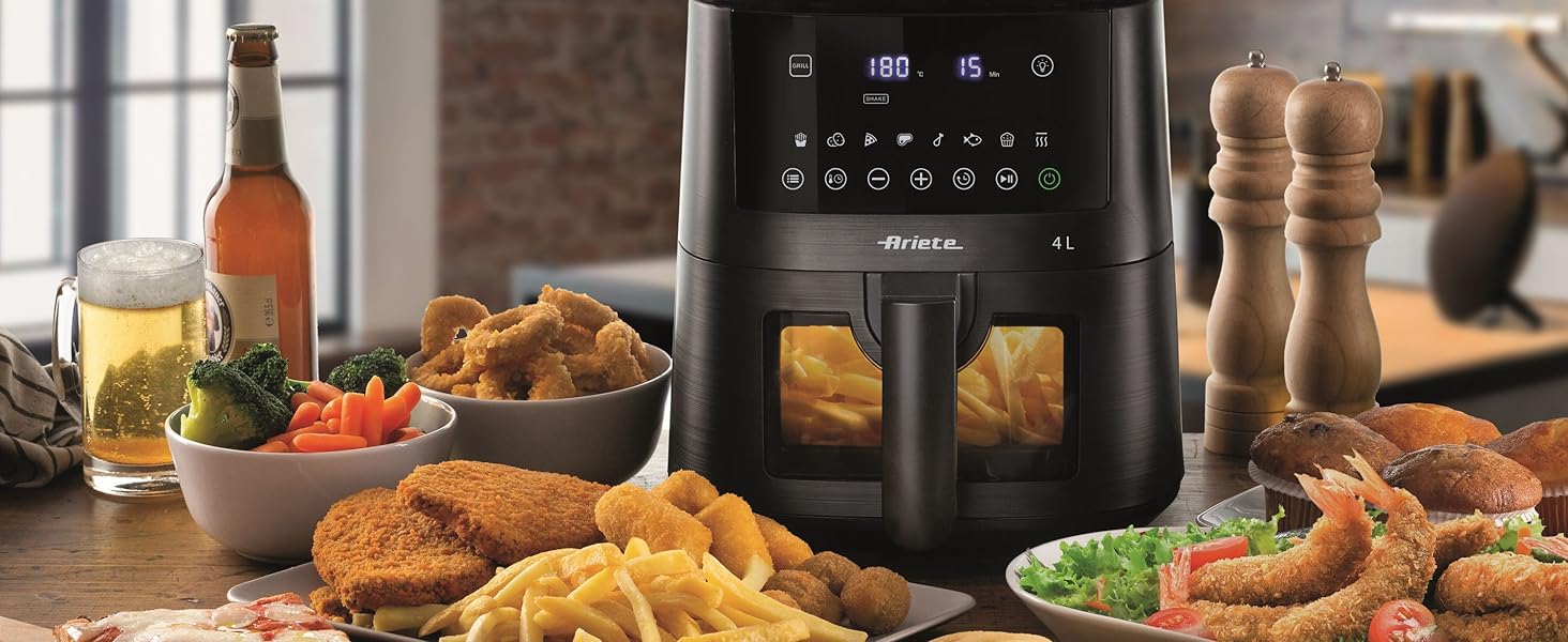 Фритюрниця аероном 4L Ariete 4633, 1400 Вт, 9 програм, Shake & Grill, до 200°C, чорний