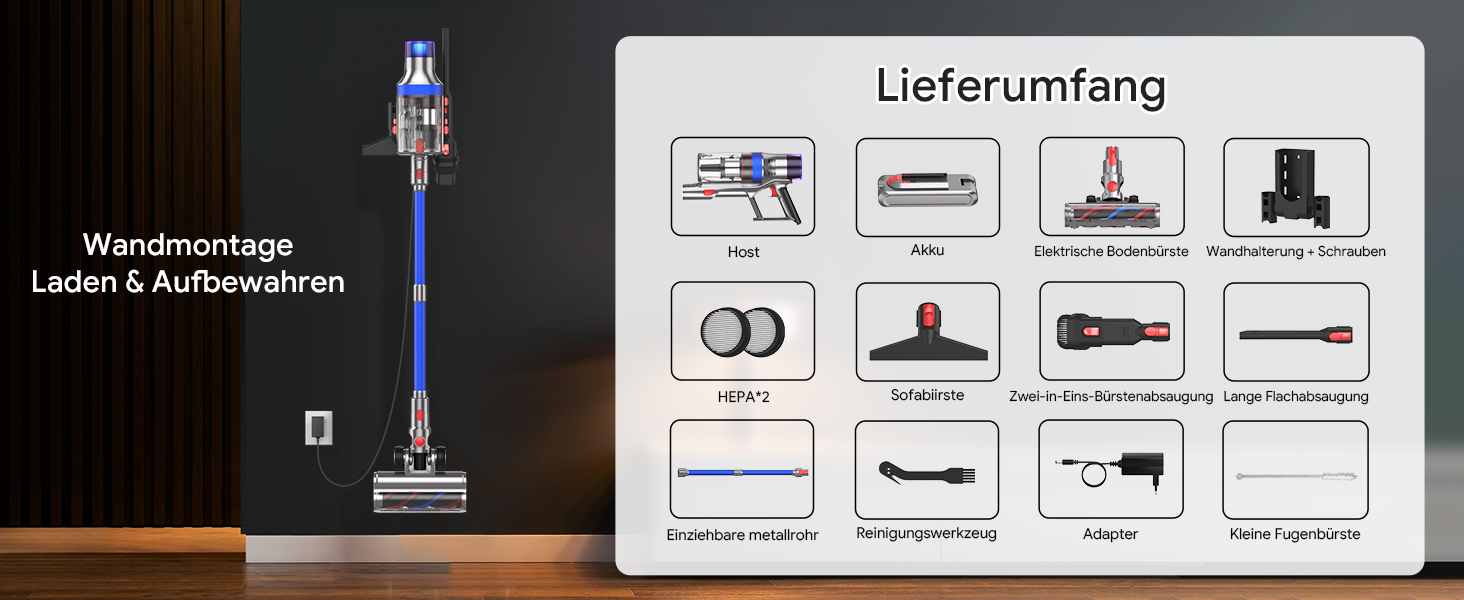Бездротовий пилосос REBANIC S18 Max з дисплеєм, 600 Вт, 75 хвилин роботи, 58000 Па, об'єм контейнера 2 л, для твердих підлог, килимів, шерсті тварин, блакитний