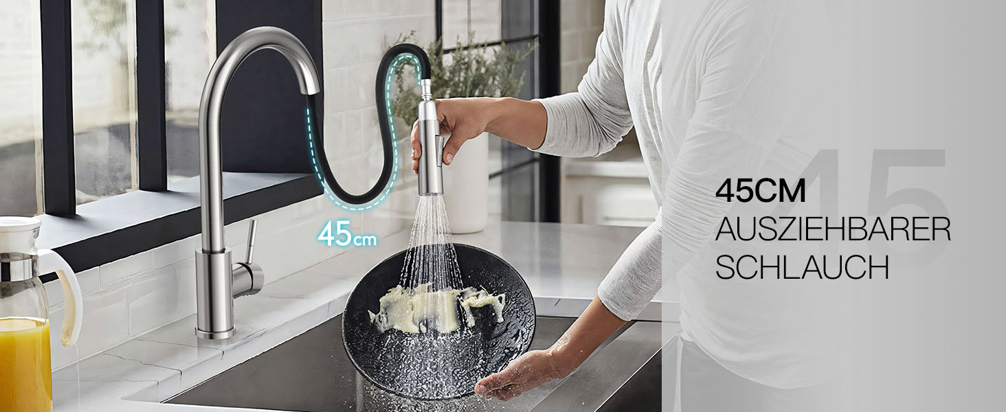 Кран кухонний Rainsworth з висувною лійкою та душем, 360° поворот, нержавіюча сталь, висота 56 см