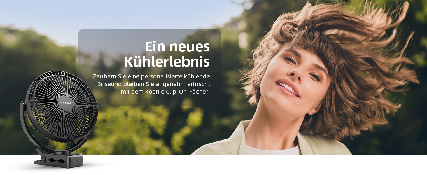 Вентилятор Koonie 10000 mAh з кліпсою, 20 см, портативний, USB, акумулятор, 4 швидкості, 360° оберт, тихий, для дому, офісу, дитячої коляски, кемпінгу, гроу-тенту, чорний