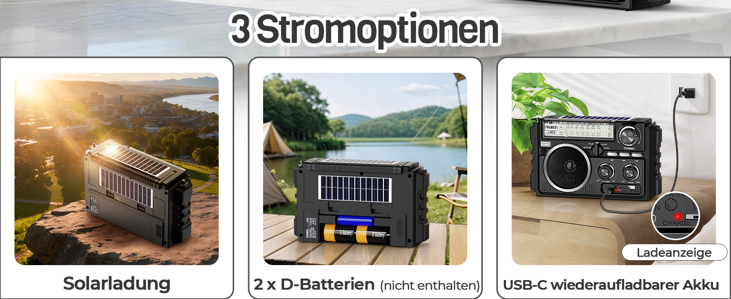 Портативне радіо PRUNUS J-02 AM/FM/SW: сонячне радіо з акумулятором 1800mAh, Bluetooth 6.0, TF-карта, USB, 2 антени