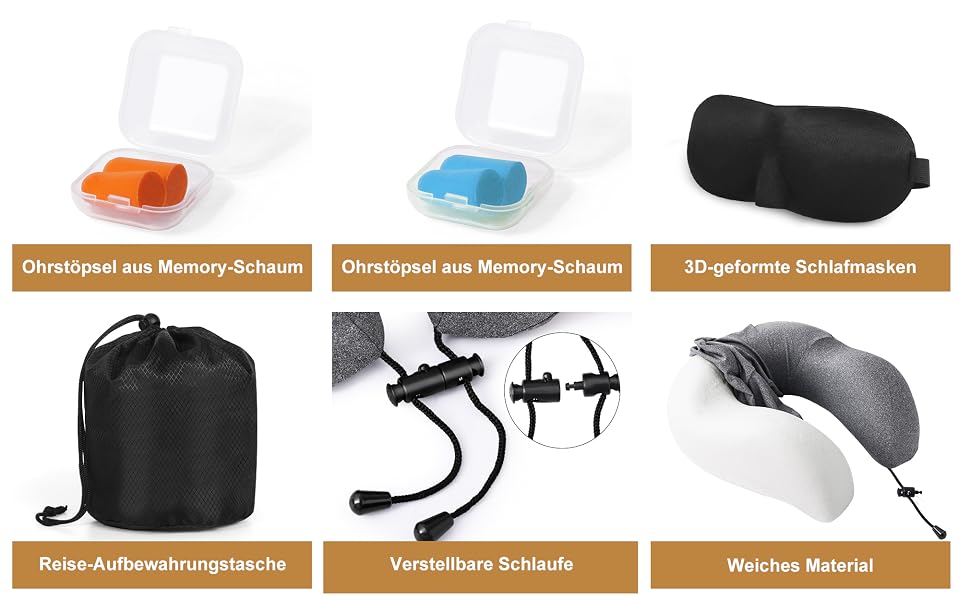 Подушка для подорожей Kobete з ефектом пам'яті (Memory Foam) для шиї в літак, авто та потяг, сіра — набір з 3D-маскою для сну, берушами та сумкою