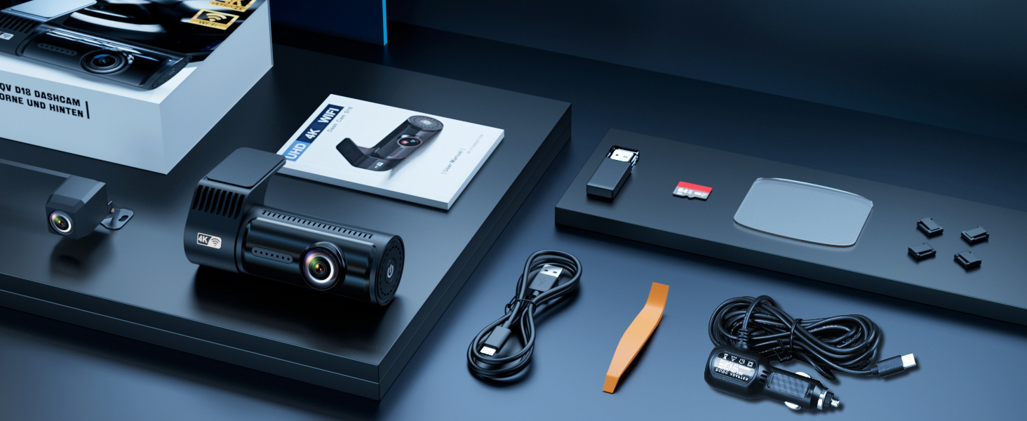 Відеореєстратор AQV Dashcam Auto Vorne und Hinten 4K з WiFi, 64GB SD, G-сенсор, Super Night Vision, 170°+140° Кут огляду, Black-D18