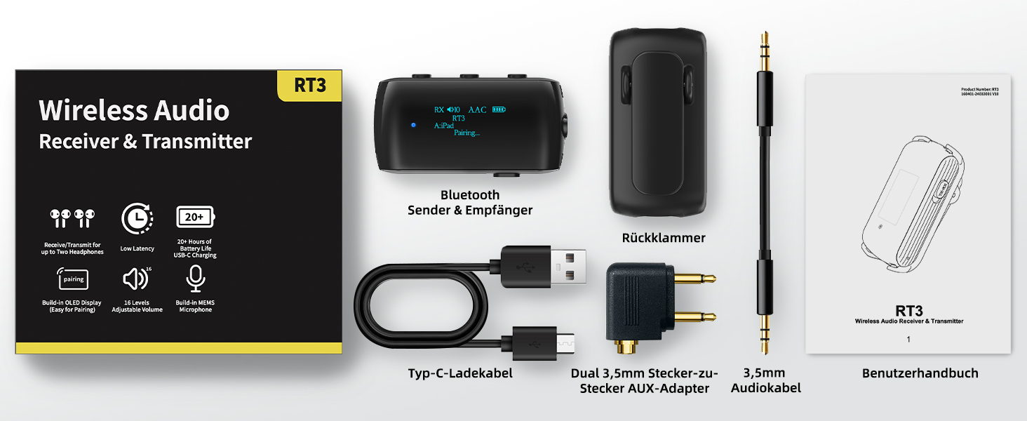 Bluetooth 5.2 адаптер для літака, трансмітер для підключення 2-х навушників/AirPods, чорний