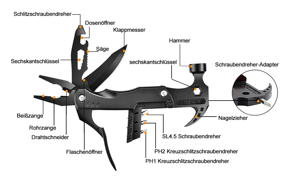 Мультитул 16 в 1 для чоловіків: подарунок на День батька, на ювілей, для кемпінгу (чорний)