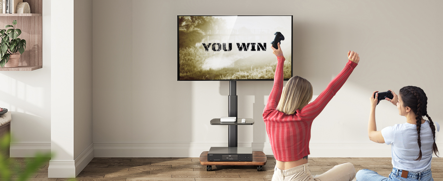 AOKCOS Rolling TV Stand with Wood Shelf - Adjustable Height & Swivel - VESA 400x400 - Holds 32-65 Inch TVs up to 40kg