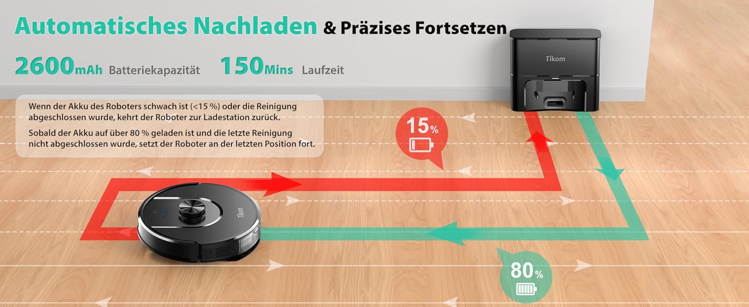 Робот-пилосос Tikom L8000 Plus з потужністю 6000Pa, станція самоочищення, LiDAR-навігація, Wi-Fi, мапінг, для шерсті тварин, килима та твердих підлог