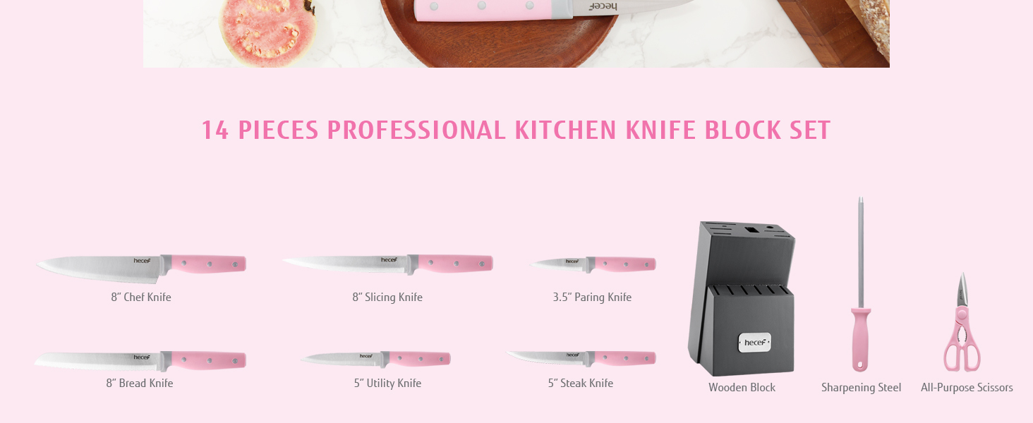 Набір ножів Hecef 14 предметів з дерев'яним блоком, професійний набір кухонних ножів з нержавіючої сталі, з ножицями/ножем для стейку/точильним інструментом (рожевий)