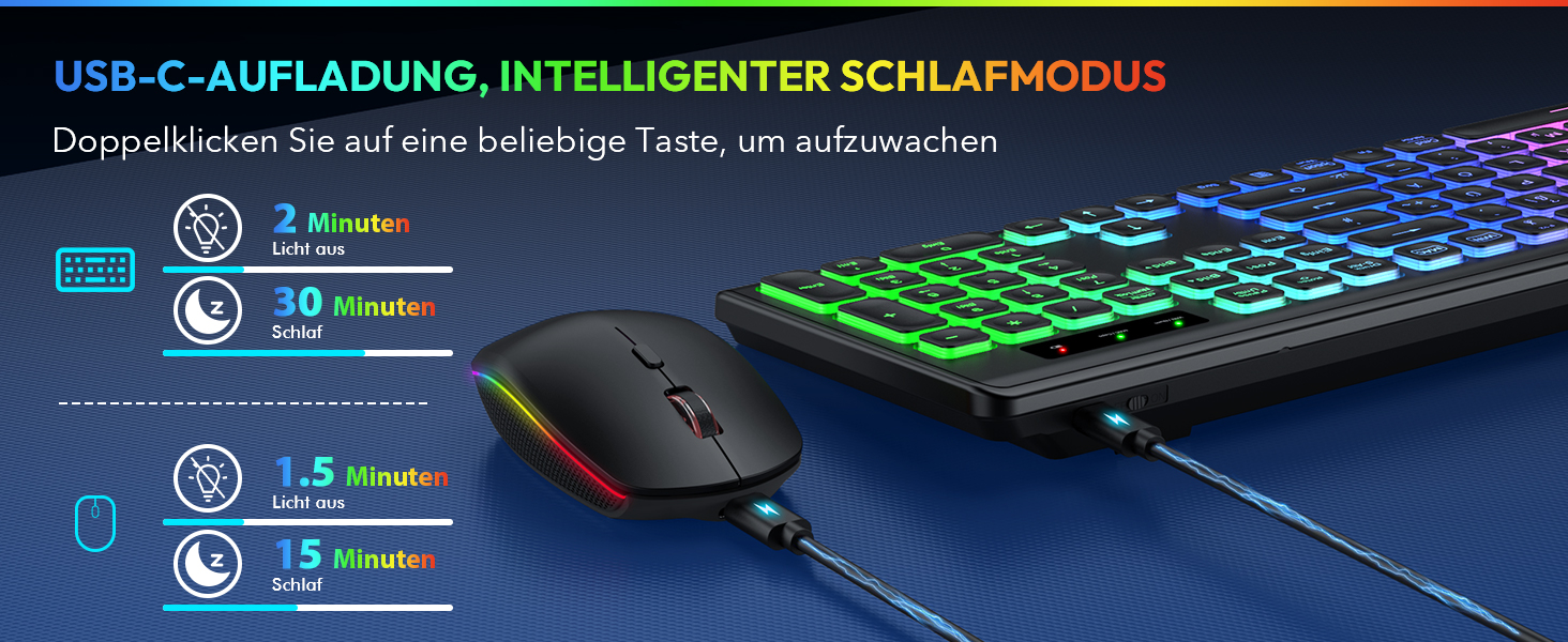 Бездротова клавіатура та миша з підсвічуванням, USB-C, тиха, для Mac/Windows/PC/Laptop, QWERTY (Чорний)