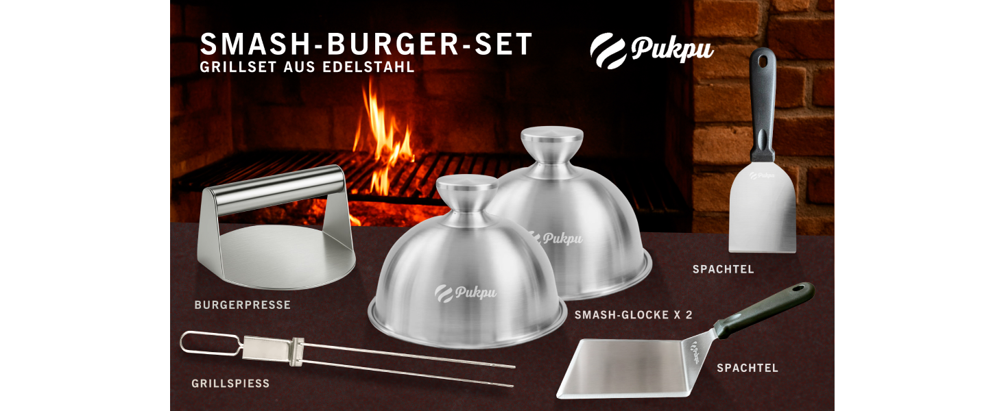 Набір для приготування Smash Burger – 6 предметів: прес для бургерів, розчавлювач, 2 кришки для плавлення сиру, лопатка для гриля та шампури – подарунок для чоловіків та любителів гриля (Чорний, 6 предметів)
