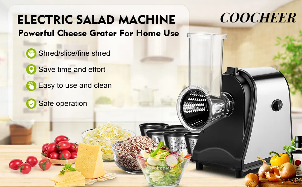 Електричний овочевий слайсер COOCHEER з нержавіючої сталі, 250W. Багатофункціональний подрібнювач з 5 лезами для овочів, сиру, картоплі, моркви, цибулі. Чорний.