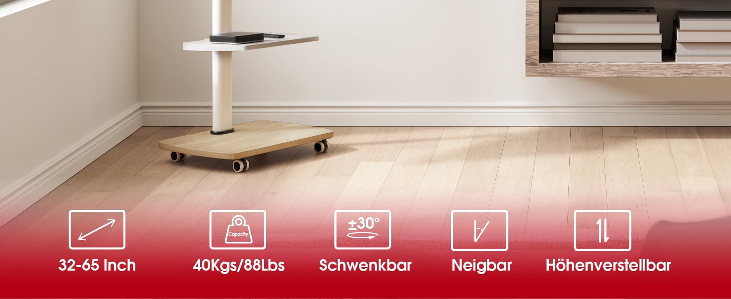 AOKCOS Rolling TV Stand with Wood Shelf - Adjustable Height & Swivel - Fits 32-65 Inch TVs - Up to 40kg, VESA 400x400mm