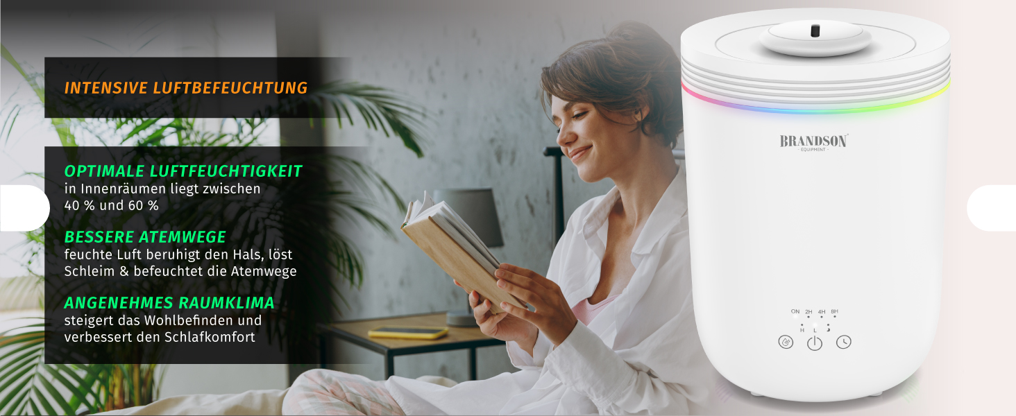Зволожувач повітря Brandson з пультом керування, 2.2 л, LED-підсвітка, таймер, тиха робота, LED-індикатори, для вітальні, дитячої кімнати, спальні